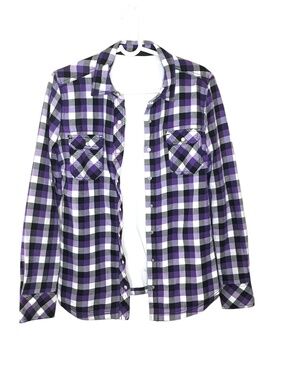 Purple Black White Plaid Fleece Lined Snap Front Flannel Shirt Jacket Size M